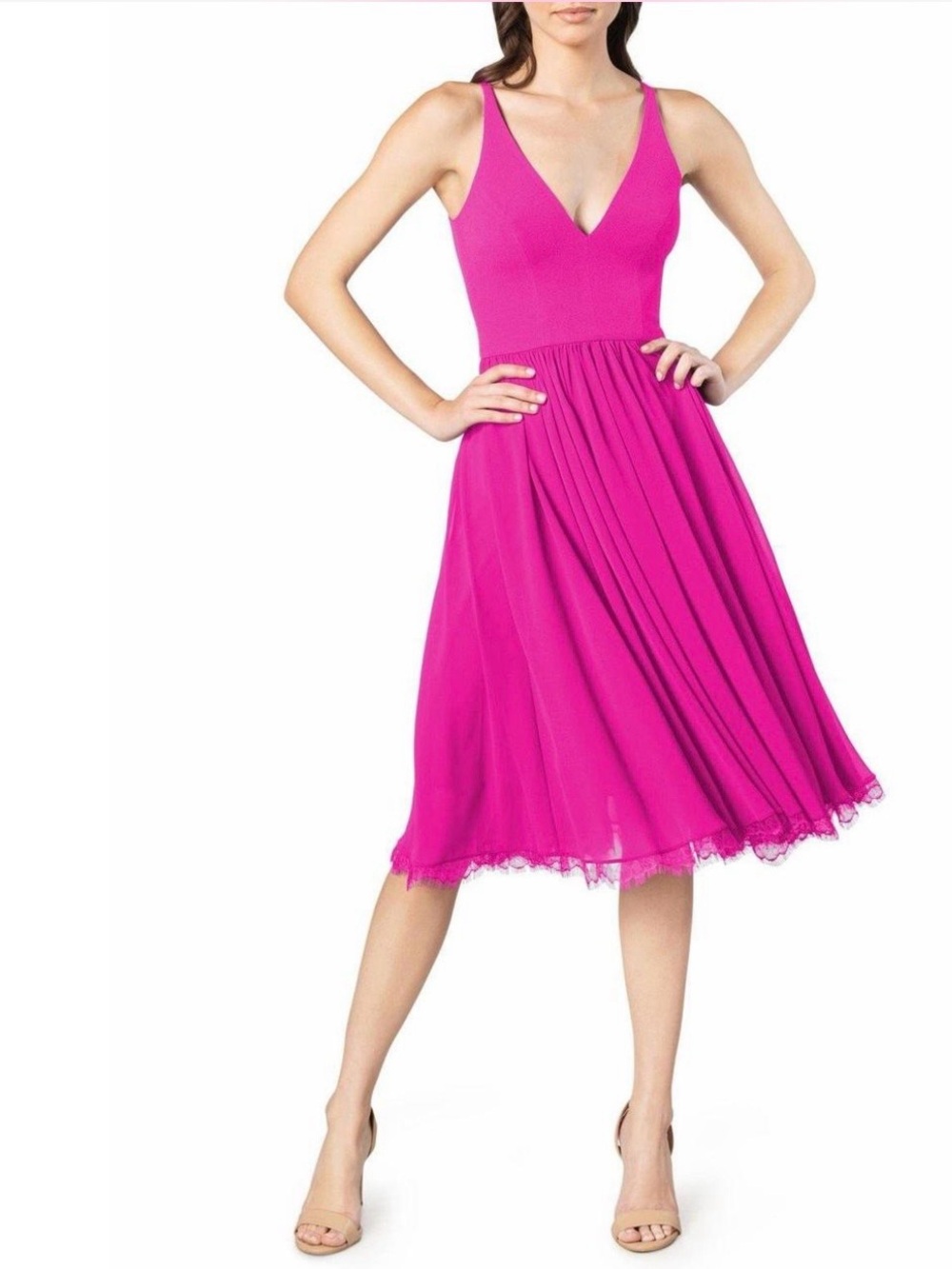 Dress the Population Bright Fuchsia V-Neck Spaghetti Strap Midi Dress